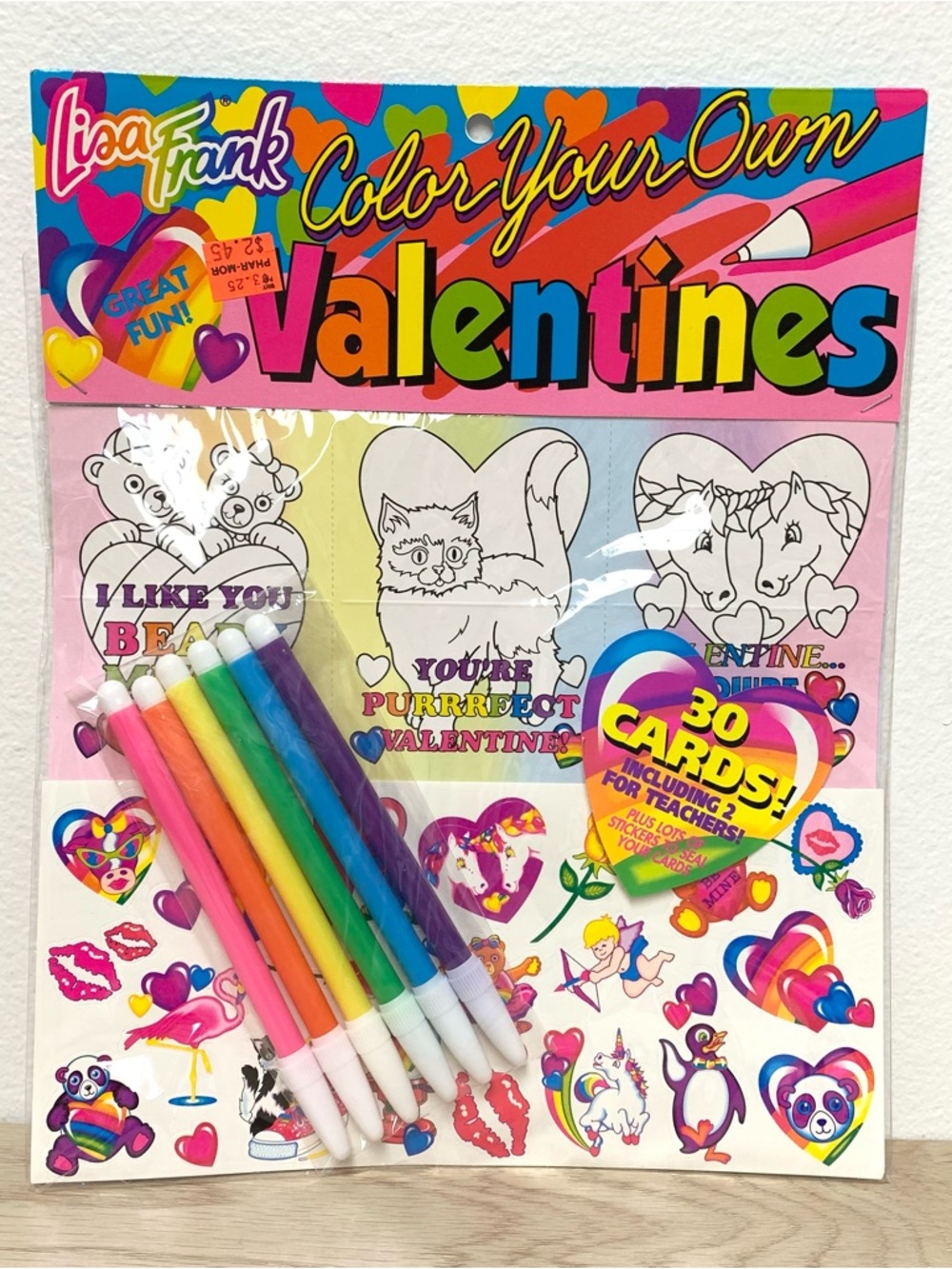 Vintage Lisa Frank 1990 Color Your Own Valentine Cards 30 Ct Stickers NEW SEALED
